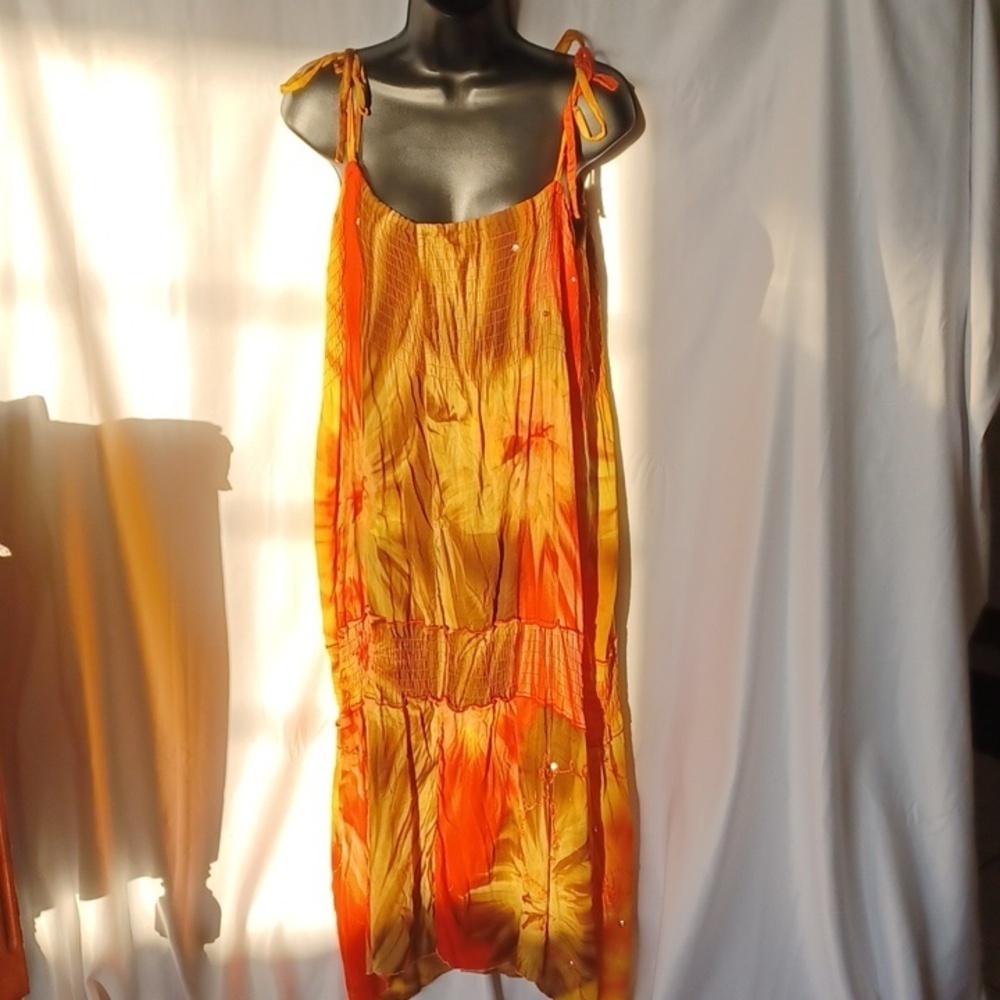 Punta Cana Dress, comfy, orange, yellow, brown, tie shoulders